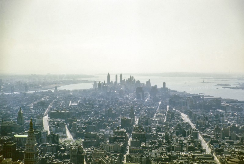 View from Empire State Building towards skyscraper of Lower Manhattan, New York, NY State, USA c 1953.