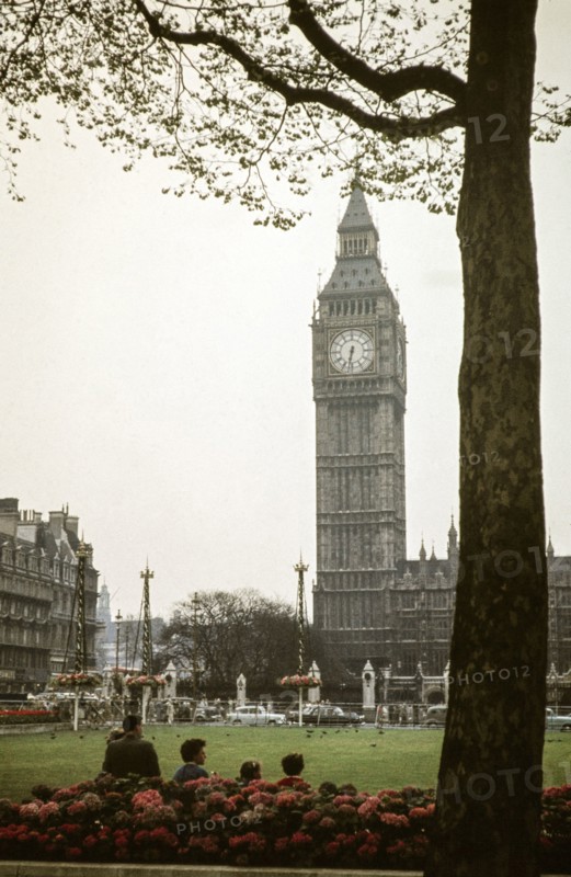 Big Ben - maypoles for Royal Wedding celebrations - London, England, UK June 1960.