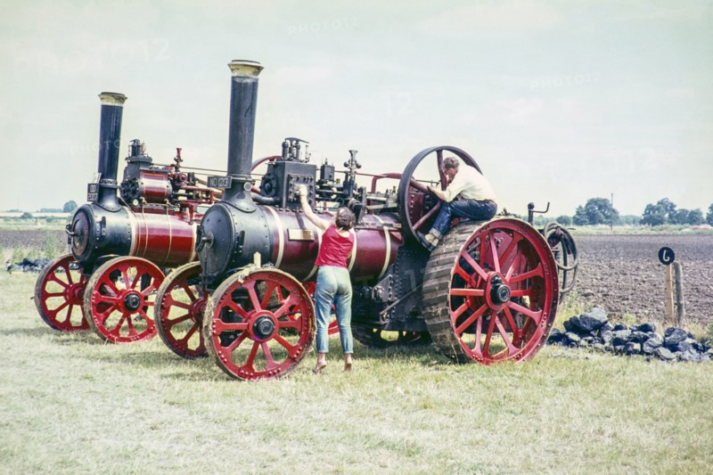 Steam traction engines, NO1213 is Princess Mary built 1920 by Marshall, DD2007 is Marshall General Purpose Engine built 1919, England, UK 1970s.