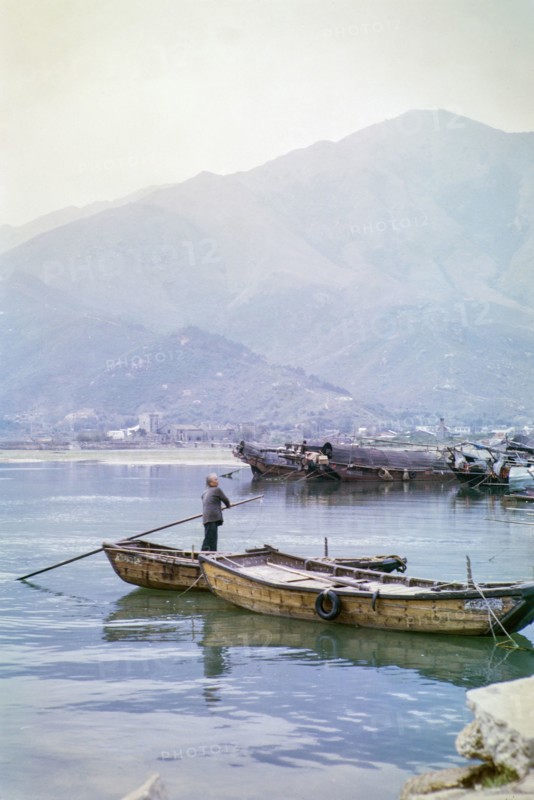 People living on sampan boats probably at Tide Cove, New Territories, Hong Kong, Asia, 1964.