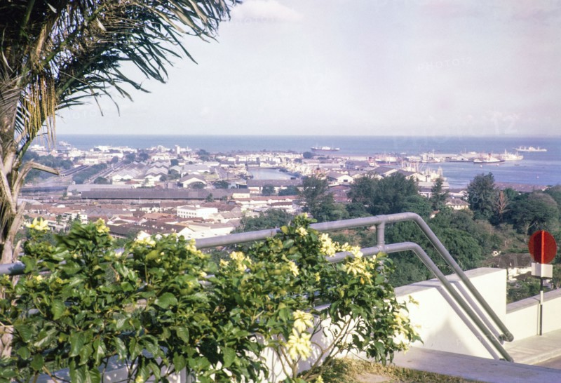 View to port docks, Empire Dock at Keppel Harbour from Mount Faber, Singapore, southeast Asia, 1965.