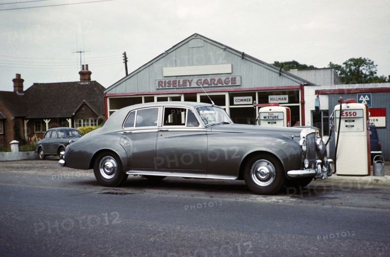 Bentley S1 Saloon car at petrol pumps of Riseley Garage, Berkshire, England, UK May 1961.