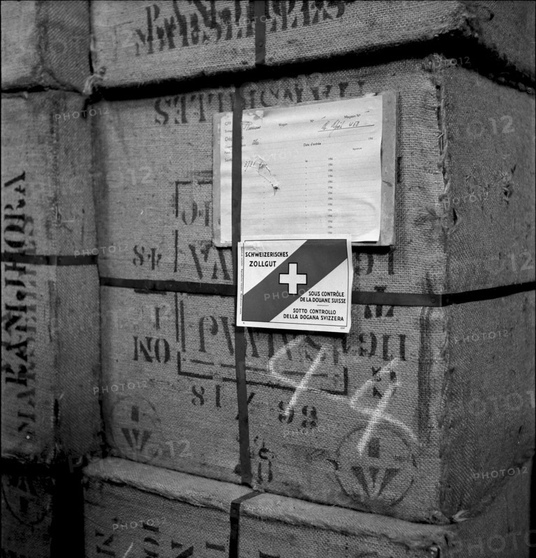 Tea chests in the Renens duty free warehouse 1945