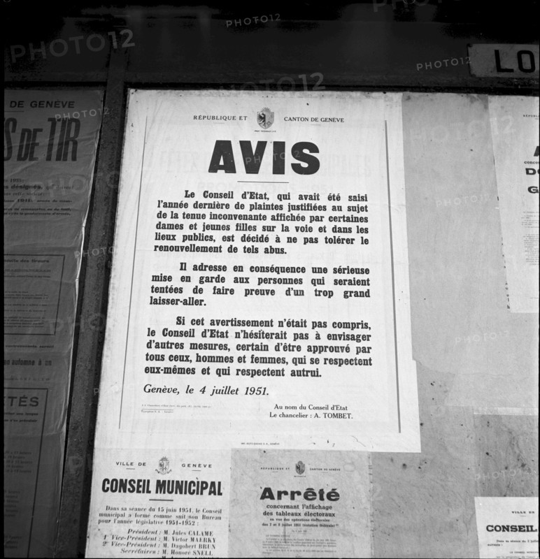 Official notification by Geneva cantonal government concerning indecorous clothing of women and girls, 1951