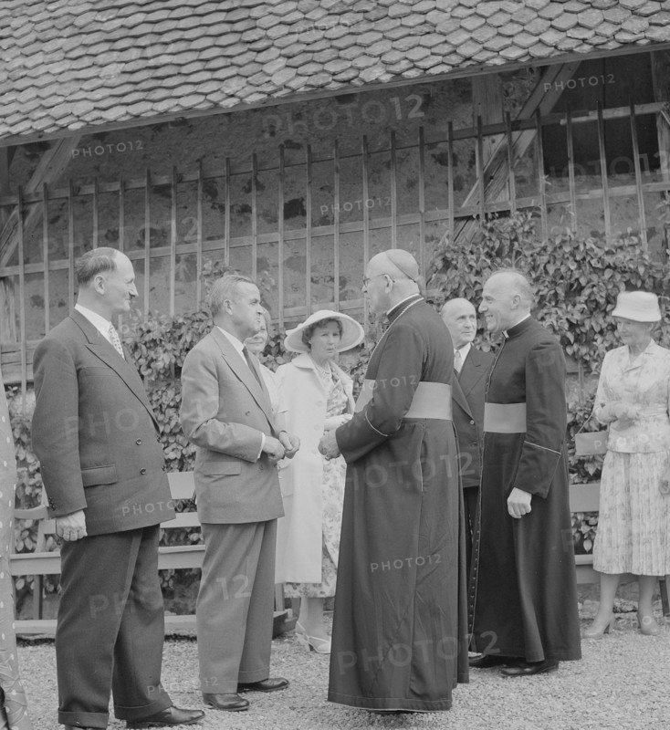 Federal Councillors greet the diplomatic body at Gruyeres castle 1957