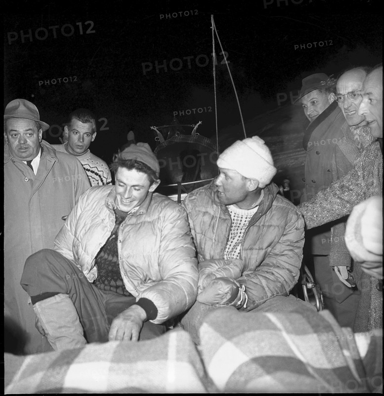 First ascent of the Matterhorn North Face in winter, 1962: Hilti von Allmen (with frostbites on hands) and Paul Etter