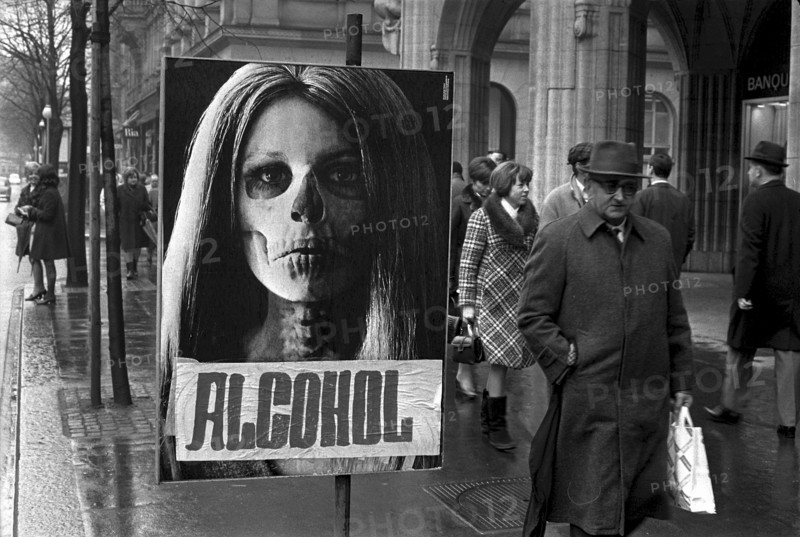 Poster warning of drug abuse has been taped over with the word alcohol, 1969