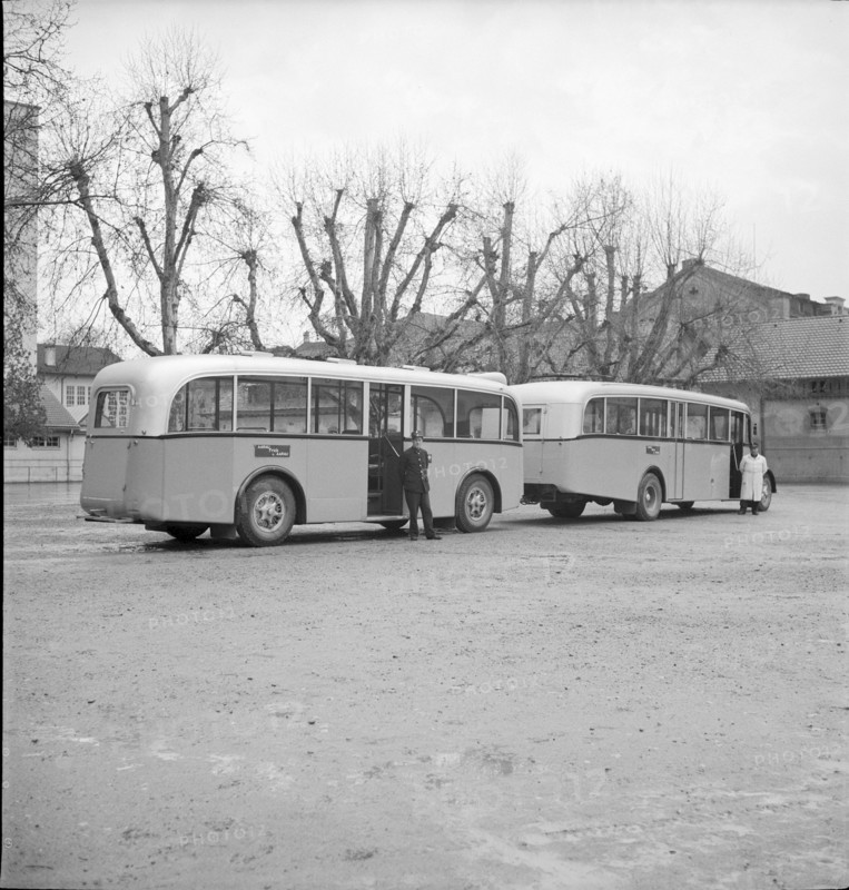 Post bus with trailer doing public transports from Aarau to Frick 1950