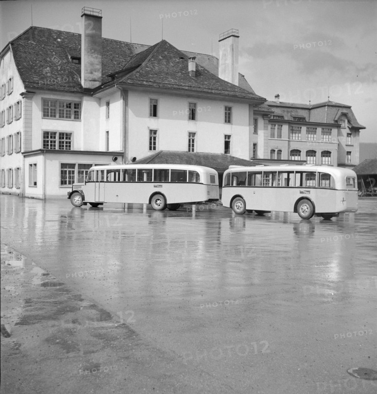 Post bus with trailer doing public transports from Aarau to Frick 1950