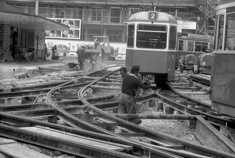 Modernization, modernisation of tramway rails in Zurich 1977