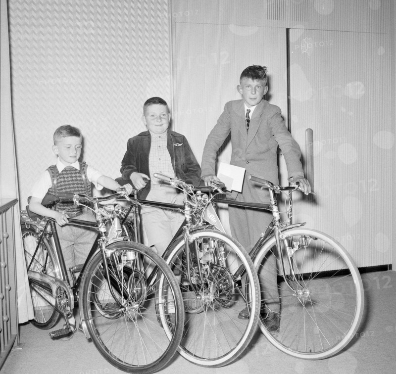 Lausanne, three boys with bicycles, 1955
