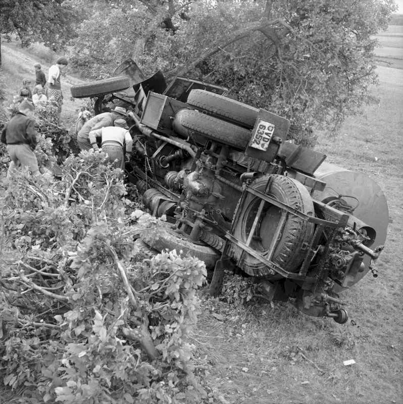 Tilted tank truck because of the driver's overtiredness 1956