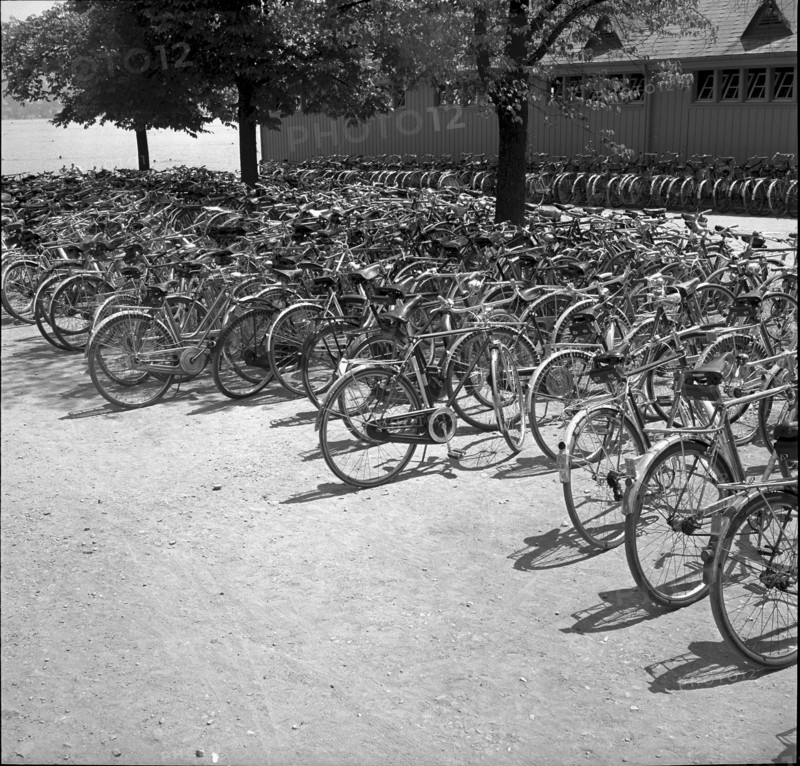 Bicycles parked at the entrance to a seaside swimming bath in Zurich 1952