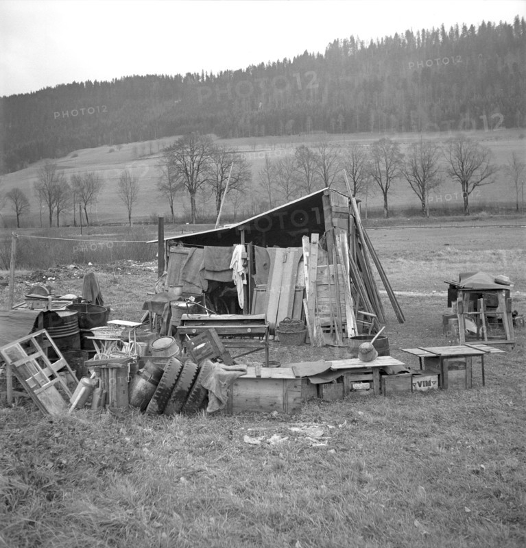 Motiers, house shorting, household effects of a homeless person outdoors 1948
