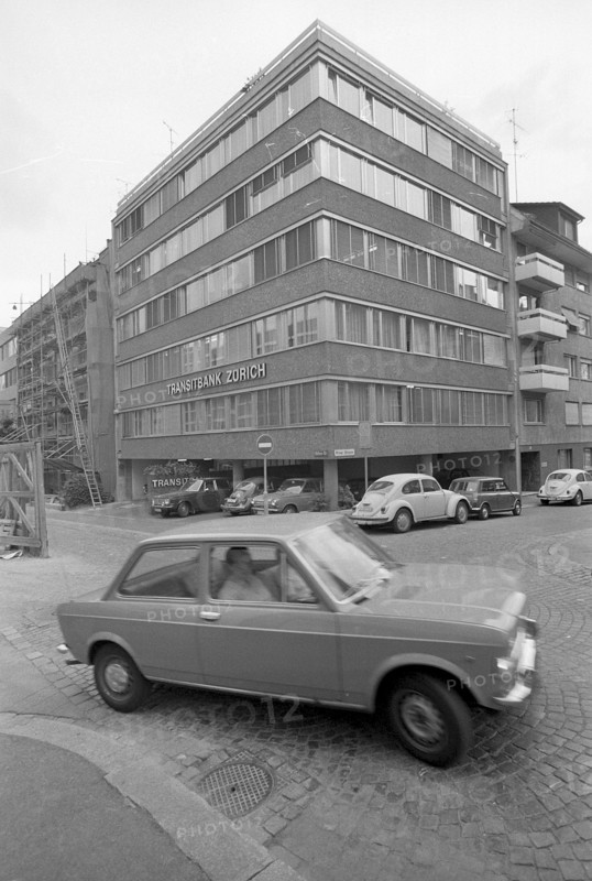 Car passing the Transitbank, Zurich 1973