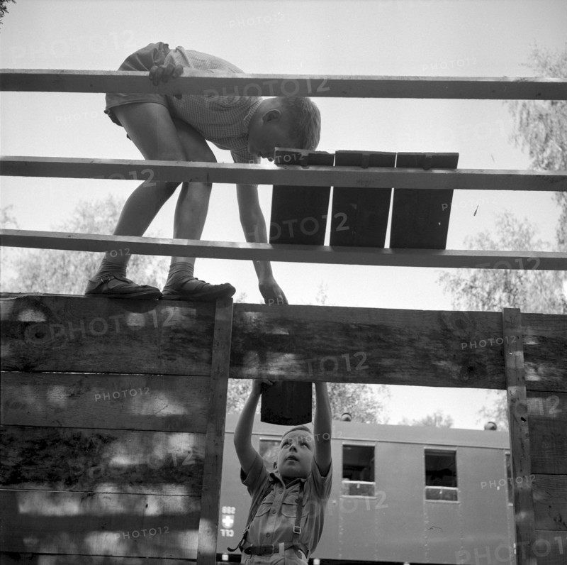 Boys building a wooden hut, adventure playground Ruschlikon 1954