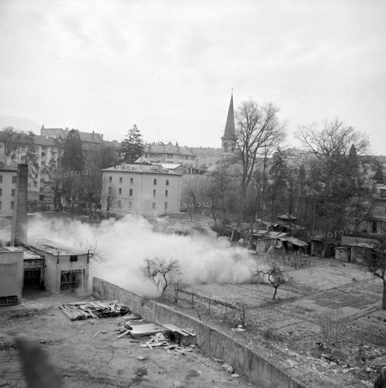 Factory chimney blasting in Geneva Grand-Pre 1954