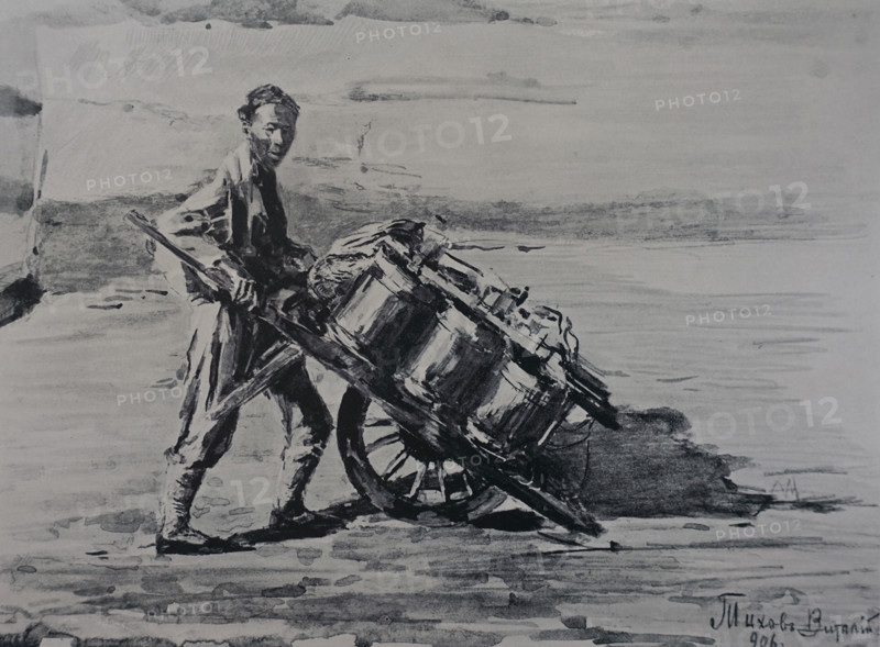 Transporting heavy loads on a Chinese wheelbarrow Siege of Port Arthur Vitaly Tikhov (1876-1939)