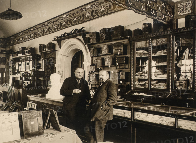 Sergei Timofeyevich Morozov (1863-1944, right) in the interior of the Handicrafts Shop 1925
