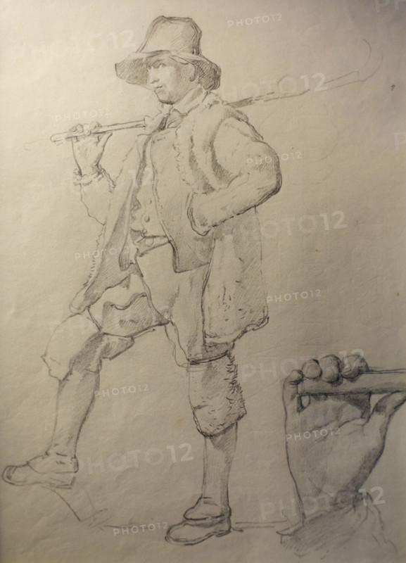 Shepherd in Mastrouk with a staff on his shoulder Hand holding a staff  Last 1820-s  Bryullov Karl Pavlovich (1799-1852) Italian album