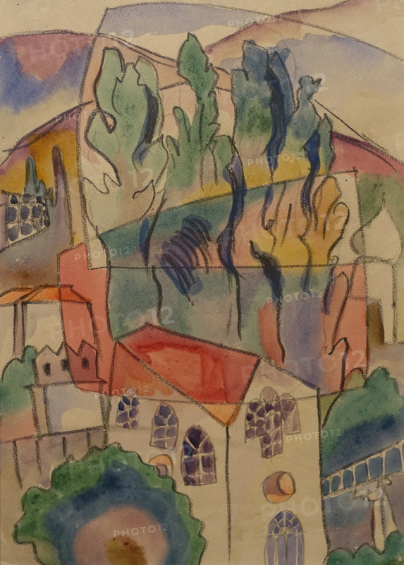 Buildings and pyramidal poplars 1916 Aristarkh Lentulov (1882-1943) Watercolor