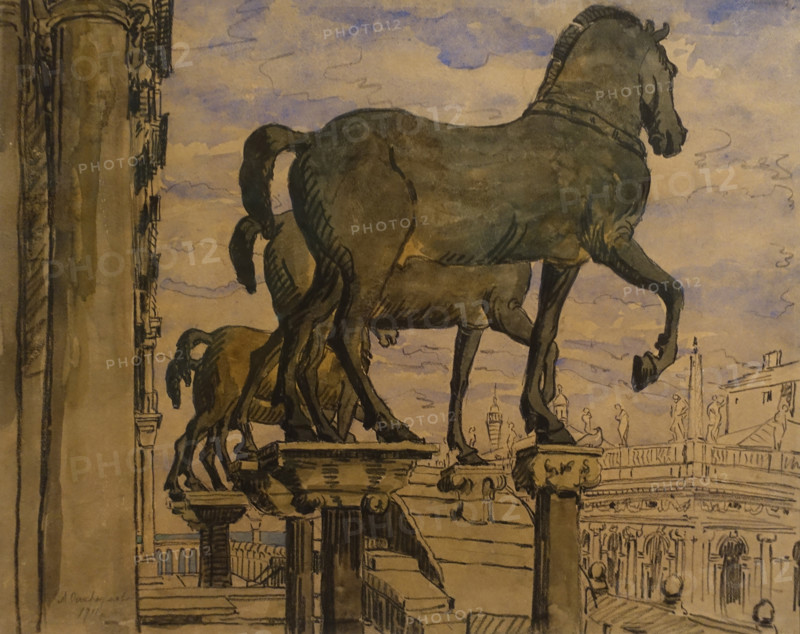 Horses on the facade of Saint Mark's Basilica in Venice 1911  Anna Ostroumova-Lebedeva (1871-1955) Watercolor