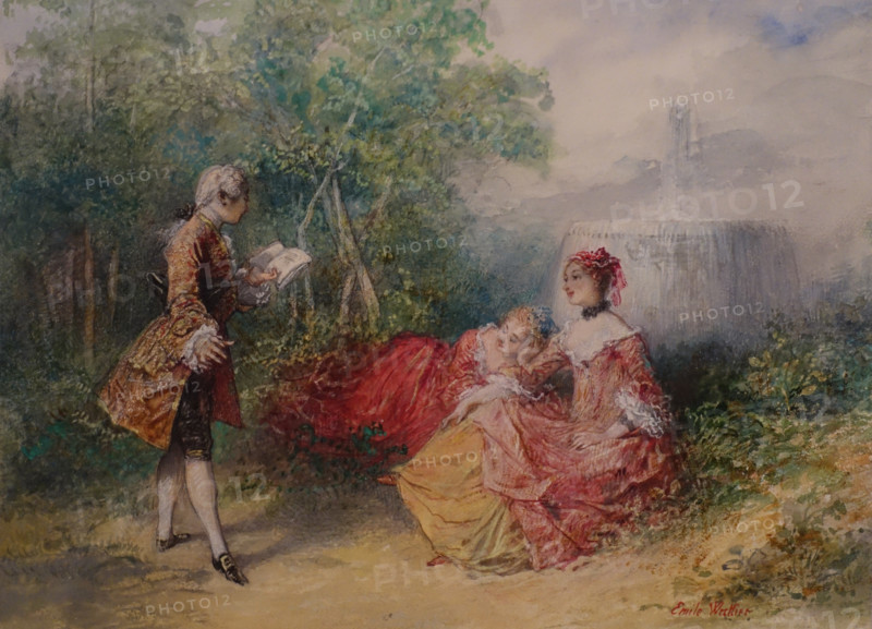 Gallant Scene at the Fountain Émile Wattier (1800-1868) Watercolor