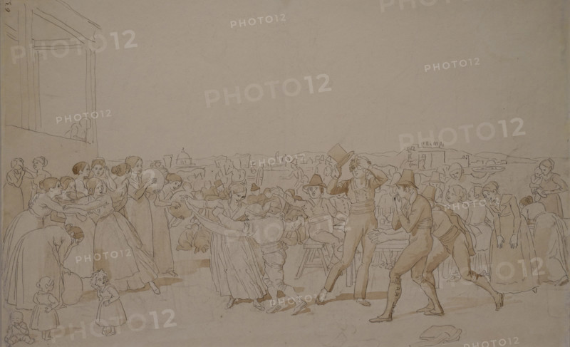October Festival at the Foot of Monte Testaccio  in Rome  (Folk Scene) 1842   Sketch Sepia on paper