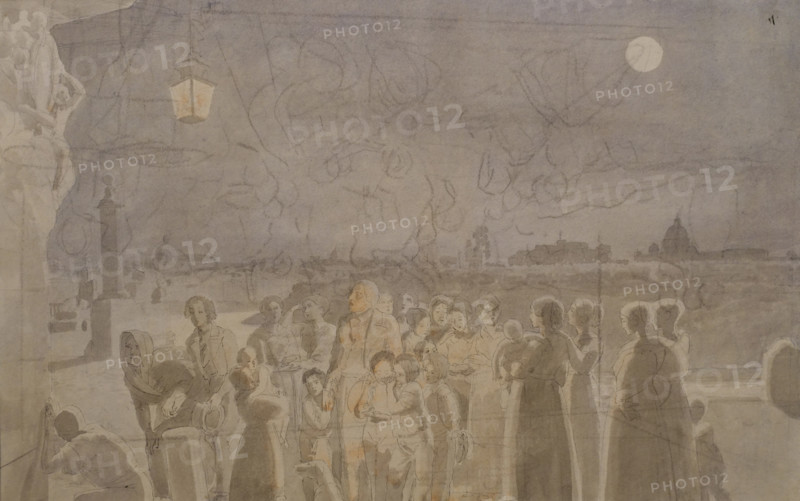 Ave Maria 1838 Sketch for the watercolour Ave Maria (Quay at Ripetta with a Corner Madonna and the crowd singing Ave Maria in front of it 1839 State Russian Museum)  Watercolour, black pencil, ink, pen on paper