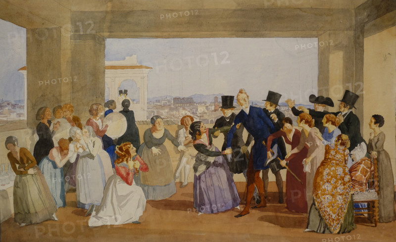 October Festival in Rome Scene in  Loggia (invitation for a dance) 1842 Variant - sketch  Watercolour on paper