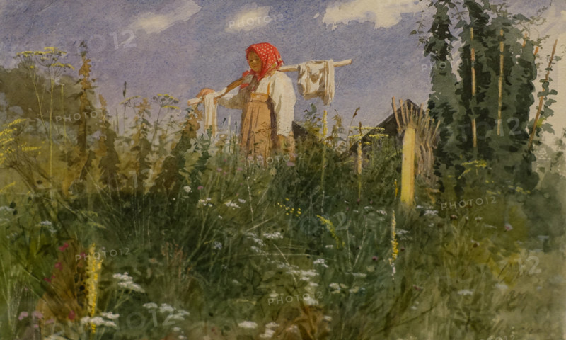 Girl with linen on a carrying pole on the grass 1874 Kramskoy Ivan Nikolaevich (1837-1887) Watercolor