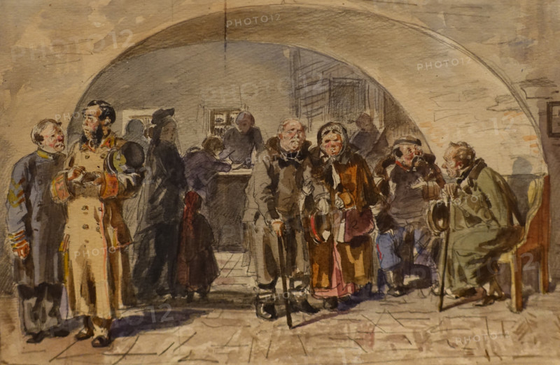 Receiving a pension 1876 Makovsky Vladimir (1846-1920) Watercolour