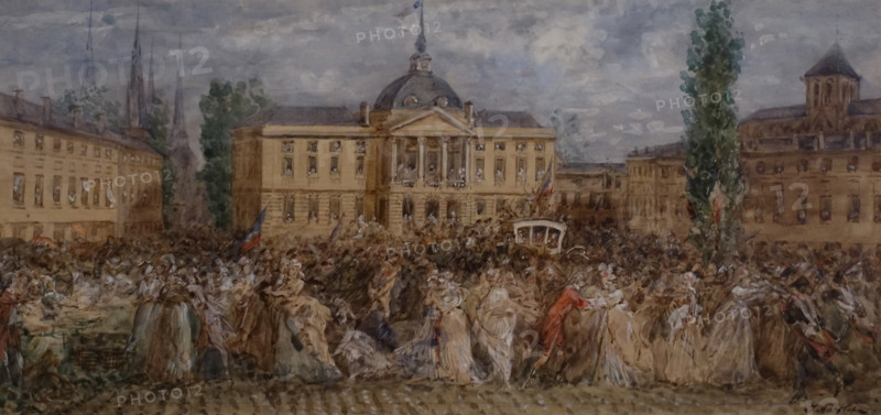 Louis XVI and Marie Antoinette passing in front of the town hall at Châlons-sur-Marne on their way from Varennes June 22, 1792 Joseph Navlet (1821-1889)