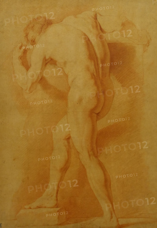 Male Model pushing a stone slab 1790s Aleksey Yegorov (1776-1851) Sanguine, stump on grey tinted laid paper