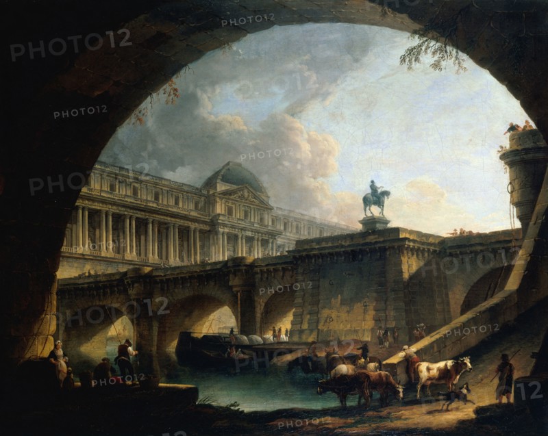 A palace inspired by the Louvre and the Pont-Neuf framed within the arch of a bridge.