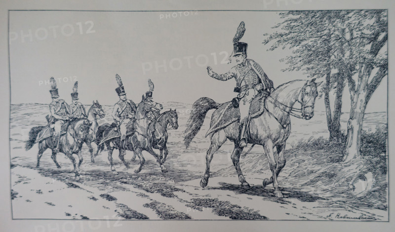 The vignette of a patrol of the Odessa Hussar Regiment from a drawing by Kovalevsky.
