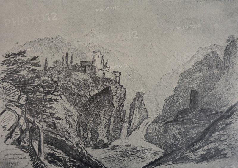 Ruins on the banks of the Aragvi in Georgia.