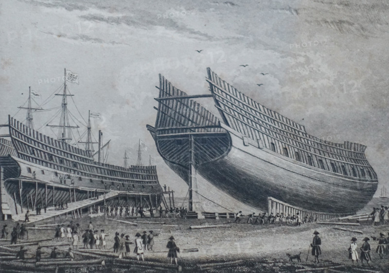 Construction of the ship Poltava, the first ship built in St. Petersburg.
