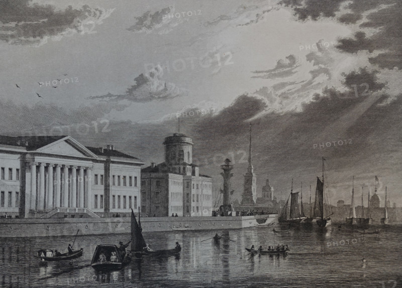 Left bank of the Neva, with the buildings of the Academy of Sciences, the Kunstkamera, one of the Stock exchange lighthouses, Fortress.