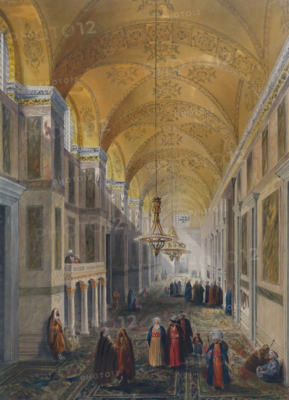Narthex or porch of Ayasofya Mosque with groups of men in traditional dress.