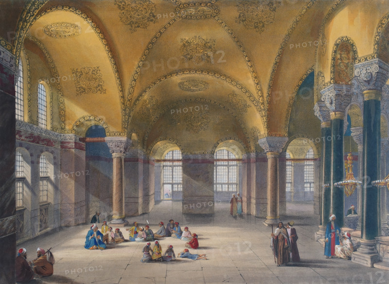 View to the gynoecium or upper gallery taken from the eastern side of Ayasofya Mosque with groups of men in traditional dress.