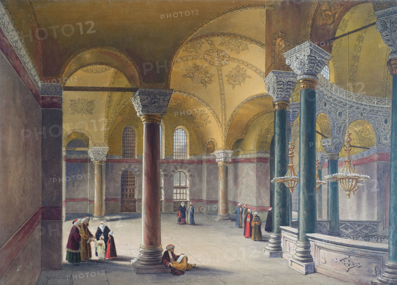 View to the gynoecium or upper gallery taken from the eastern side of Ayasofya Mosque with groups of people in traditional dress.