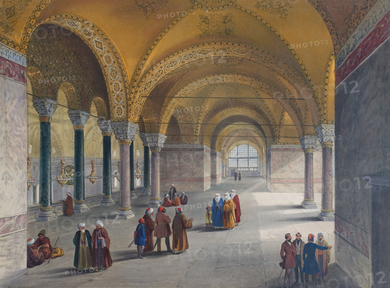 Entrance to the gynoecium, or upper gallery of Ayasofya Mosque with groups of people in traditional dress.