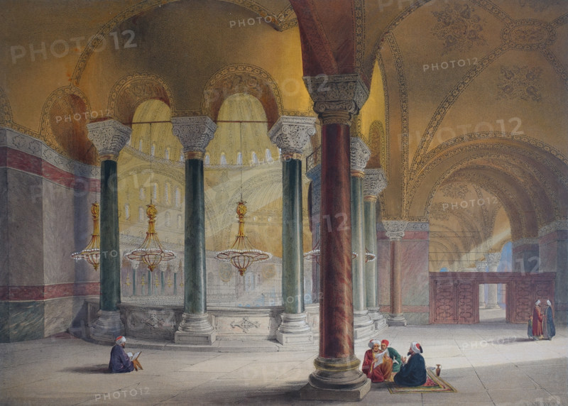 View to the gynoecium, or upper gallery from the east and west sides of Ayasofya Mosque with groups of men in traditional dress.
