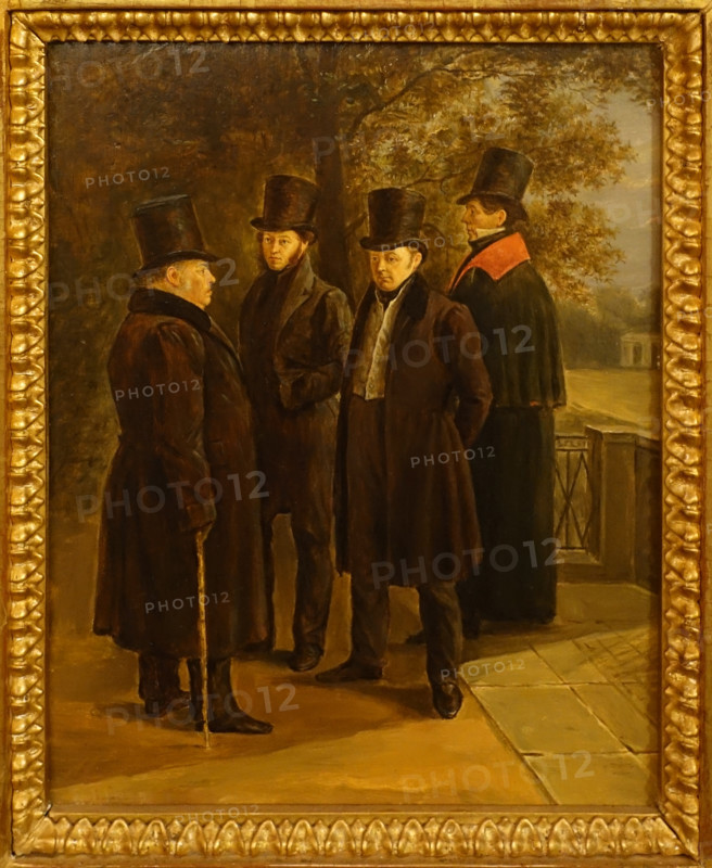 The poets Alexandre Pushkin, Ivan Krylov, Vasily Zhukovsky and Nicolay Gnedich at a summer garden.
