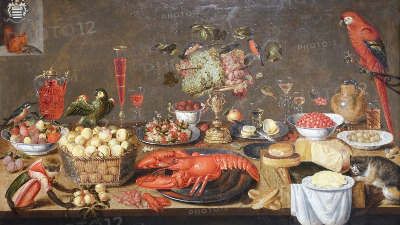 Large banquet table with lobster, fruit, wine glass, porcelain and pewter dishes, birds, monkey, squirrel and cat.