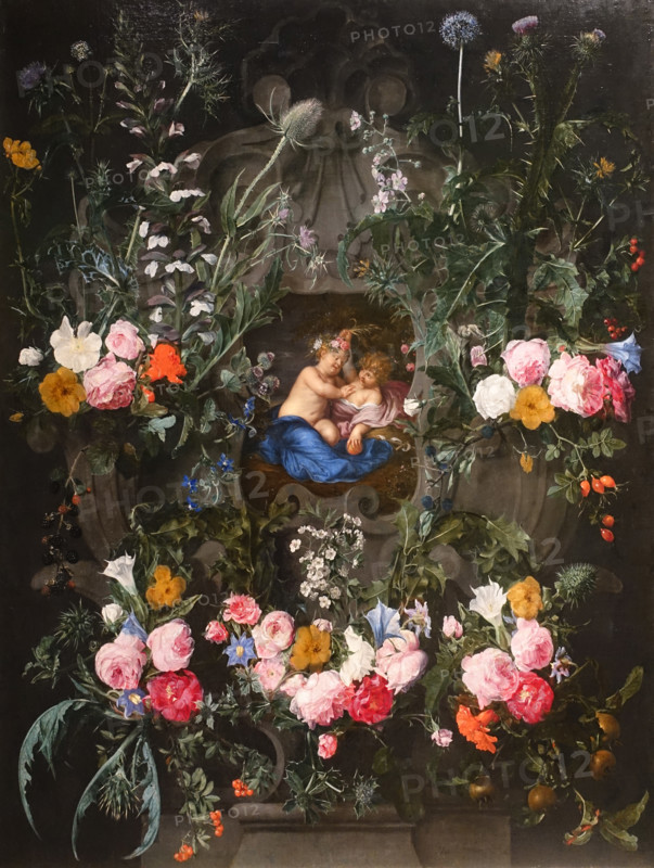 Garland of flowers around the image of the infant Christ and John the Baptist.