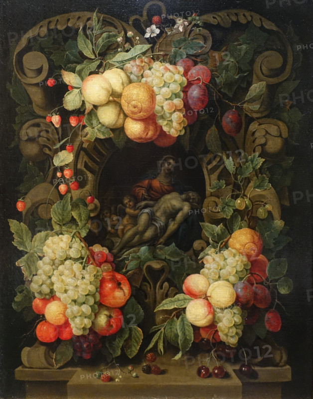 Garland of Fruit Framing a Cartouche Depicting the Lamentation of Christ.