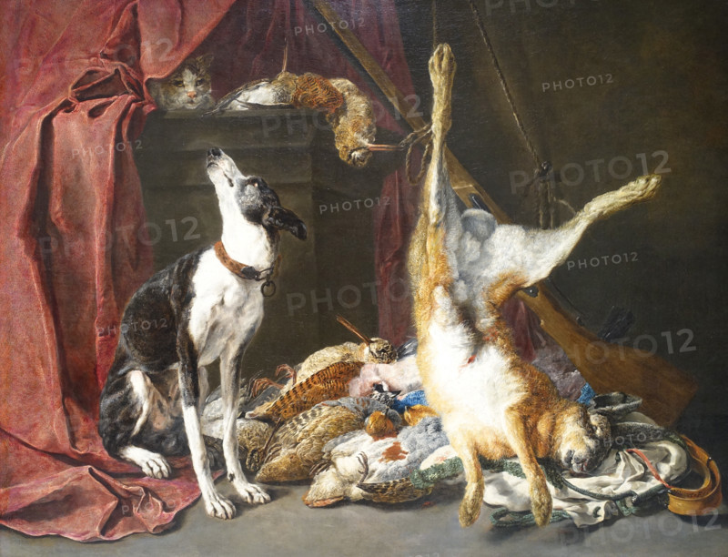 Still life with a wildfowl, a hare, a hunting dog and a cat.