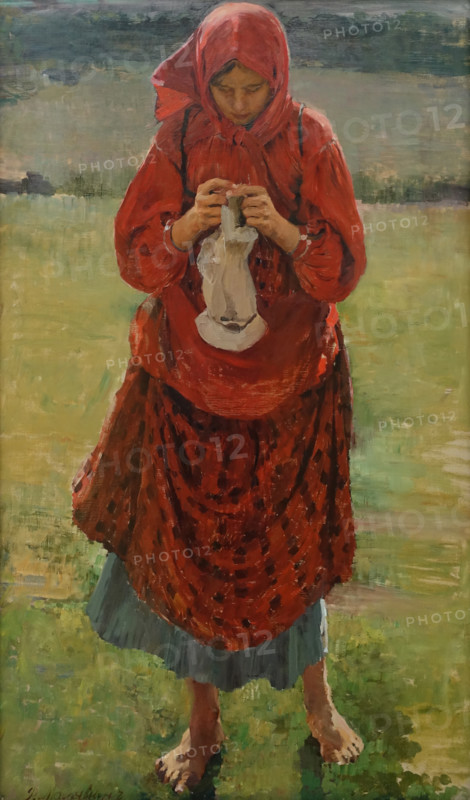 A Peasant girl knitting a stocking.